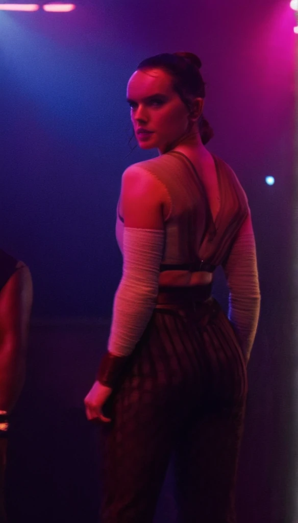 cinematic film still Daisy Ridley, highly detailed, high budget Hollywood movie by barry jenkins, she is showing her ((very small ass)) in a club, nsfw, solo 1 woman, ass is focus but its still covered in the pants,she is the stripper in the club, lingerie, high quality