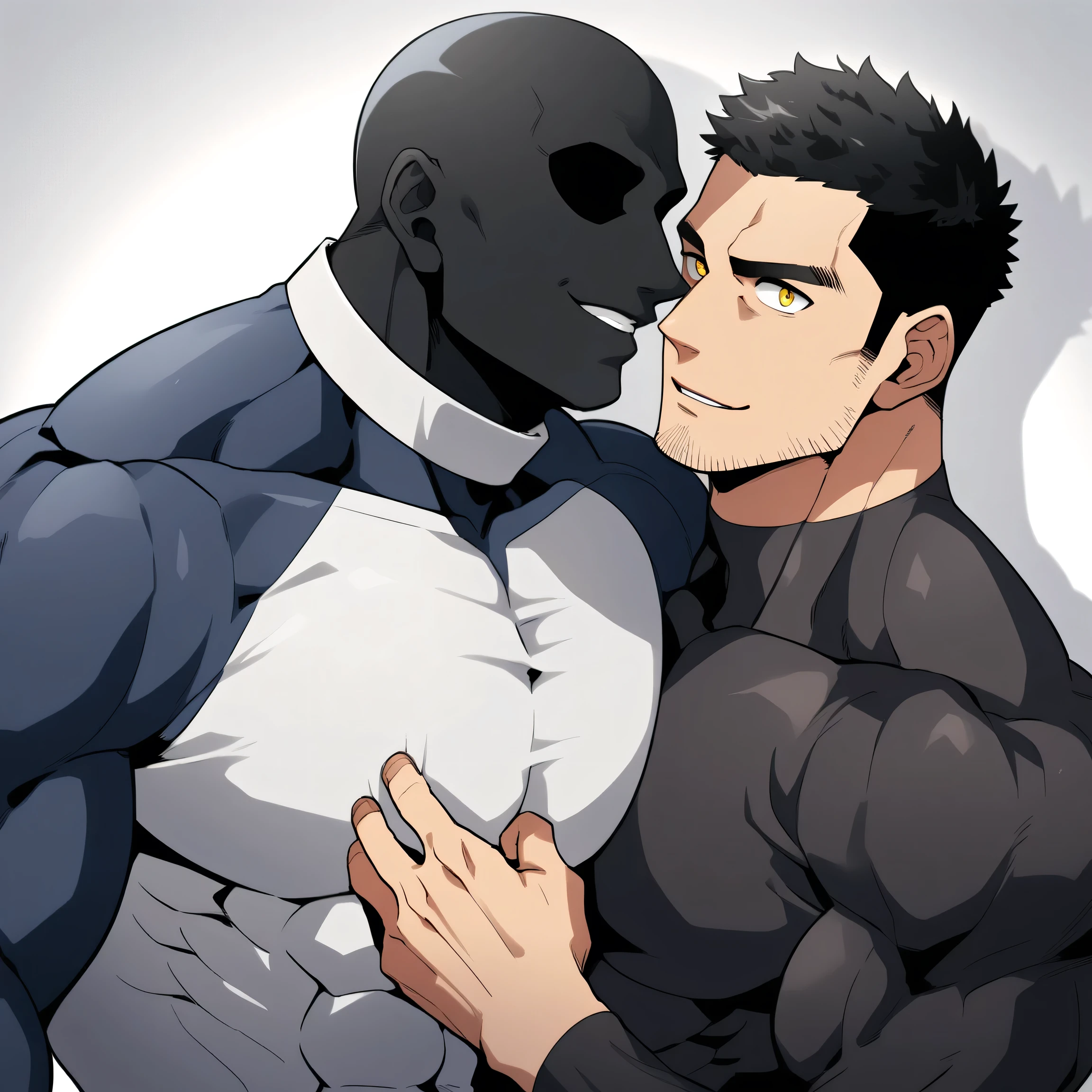 anime characters：Two superheroes in tights, Muscle Sports Student and Muscle No Face No Eyes skinhead superhero, No Face，negro black skin, They hugged and kissed each other, Bite your neck, Caress, Manliness, male focus, Yellow and black high collar long sleeve tight T-shirt, Slightly transparent material, Very tight, Round, full and perky chest muscles, Muscle waist, Slightly transparent, muscular male, muscular, only, Upper body, alone, Black short hair, Thick eyebrows, stubble, Yellow eyes, Grey background, simple background, amazing quality, best aesthetics, Ridiculous, bright pupils, crew cut, parted lips, seductive smile, torogao, naughty face, drop shadow, best quality