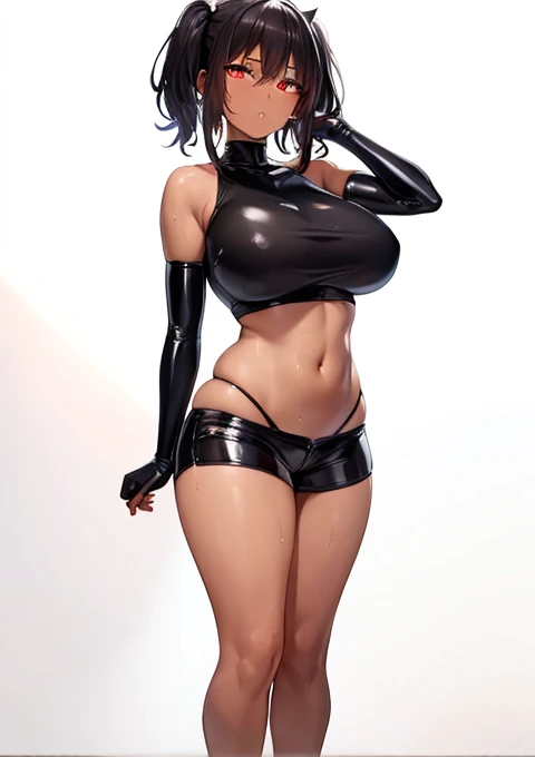 {{{Huge breasts、Narrow waist}}}、Tomboy、{{Short}}、Glowing Eyes、The eyes are round、{{{Giggling}}}、Black Hair、Twin tails、latex、Shorts 、(masterpiece:0.2), (megami magazine:0.8) best quality, 独奏, 1girl (dark skin:1.3) shiny wet sweat oily skin, cinematic rim lighting, realistic, unreal engine