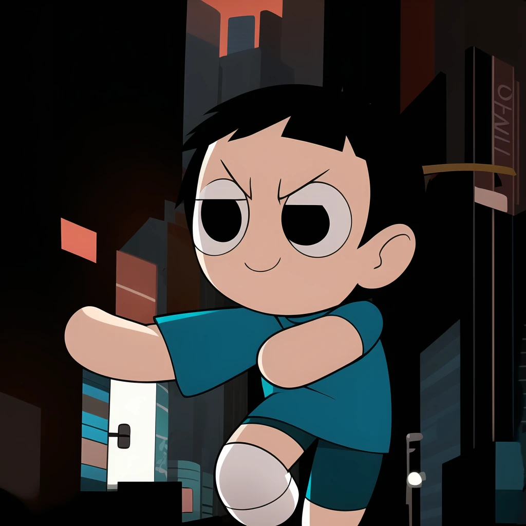 boy, shirt, short sleeves, pants, cute smile, full body, chibi, black hair, city background, (((Solo)))