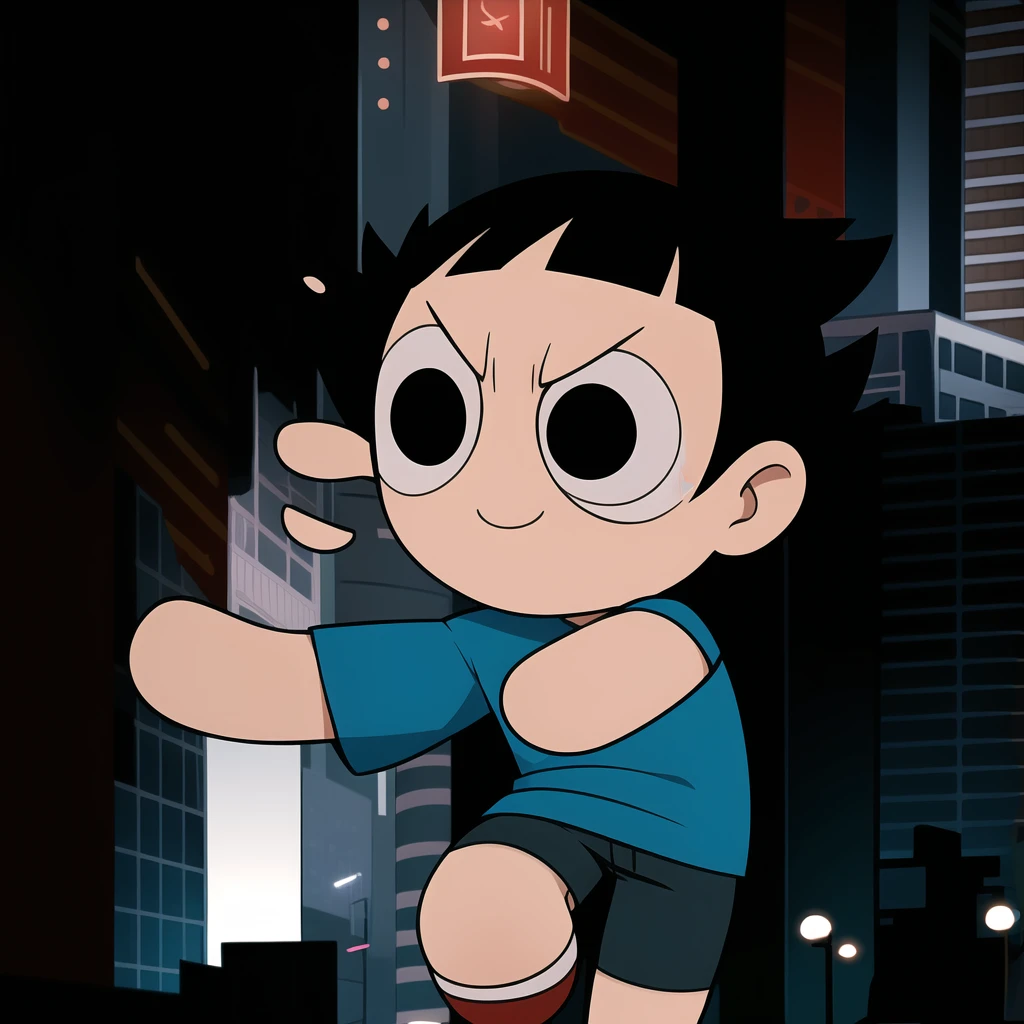 boy, shirt, short sleeves, pants, cute smile, full body, chibi, black hair, city background, (((Solo)))