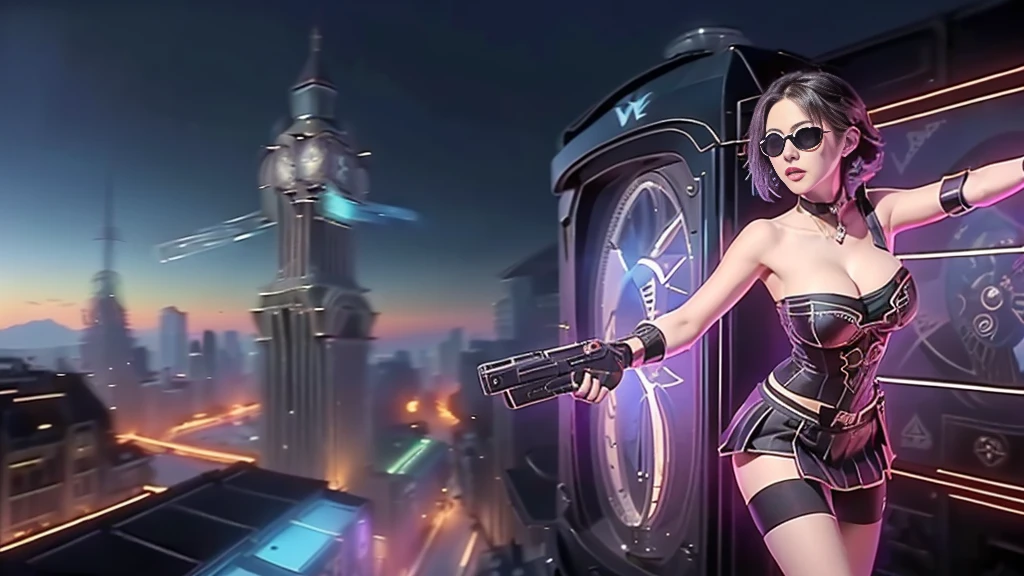 (aerial view). at night, futuristic sci-fi cyberpunk city, broad viaduct, skyscrapers at the end of the viaduct, the movie "13th Floor" style, (((((voltex-spirit-spreading giant clock tower as time machine))))), hq. Matrix style, at night, (1girl, solo), photo realistic, (large-breast:1.2 slim body, cleavage:1.3), (((tube top, extreamly short pleated (((miniskirt))) exposing panty))), (((((matrix style black sunglasses))))), (((((aiming at camera with a (short pistol)))))), (((half-body (thigh level) medium shot))), (cinematic lighting).