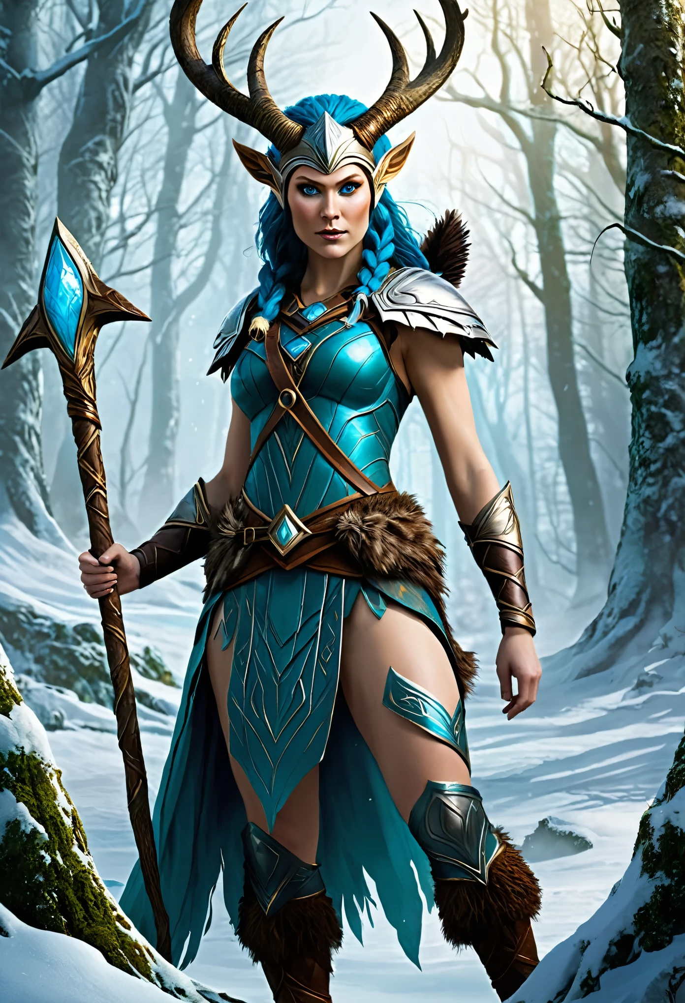 "Create a unique Satyress character rooted in Nordic mythology, blending her traditional woodland and nature-bound traits with the mystical prowess of Valkyries. She embarks on a quest to rescue a stolen artifact from a cunning frost giant, forging an unlikely alliance with a mischievous Loki along the way."