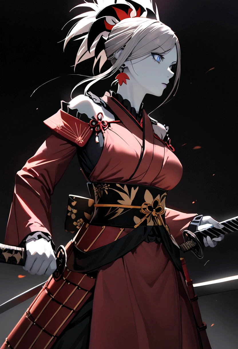 Highest image quality, masterpiece, super high resolution, (reality 1.4), raw photo, male, Miyamoto Musashi, brown body, holding two swords and swinging them down at the opponent, background with a burning temple behind the dark character, solo , Japanese armor, black hair, white skin, red tattoos on both cheeks, dark background with blue-white light in the background, deep shadows, low key, cold light 12000K