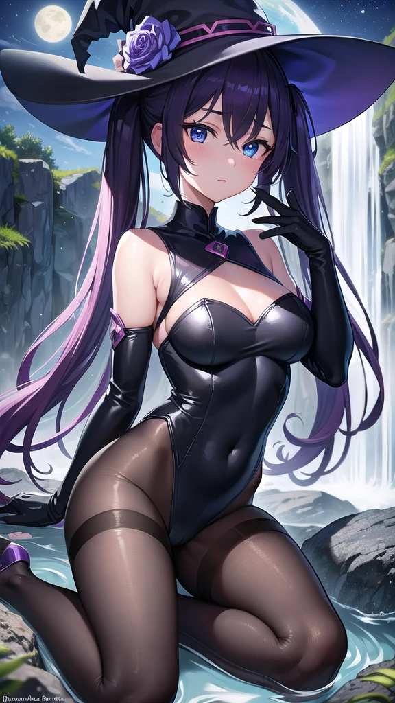 monamegistus, mona, blue eyes, hair between eyes, twintails, very long hair, purple hair, hat, (medium breast:1.2), witch hat,
BREAK black bodysuit, black gloves, blue sleeves, bodysuit, capelet, covered navel, black pantyhose,detached sleeves, gloves, high heels, leotard, long hair, long sleeves, multicolored sleeves, purple capelet, purple sleeves, strapless, strapless leotard,
BREAK outdoors, waterfall,riever, night, moon, lights, stars, starfall,
BREAK looking at viewer,BREAK (masterpiece:1.2), best quality, high resolution, unity 8k wallpaper, (illustration:0.8), (beautiful detailed eyes:1.6), extremely detailed face, perfect lighting, extremely detailed CG, (perfect hands, perfect anatomy),