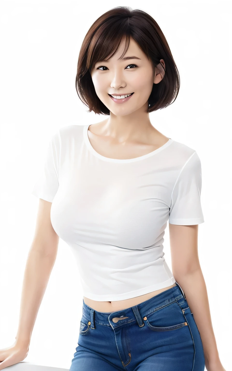 masterpiece,Highest quality,upper,(woman:1),Underarm,sexly,Mature woman,Emphasized,((Huge:1.4)))Obscene,erotic, Provocative expression、Japanese、((Plain white background))、smile、Bright smile、Large Breasts、E cup breasts、BIG ASS、lingerie、T-Shirts、Short jeans