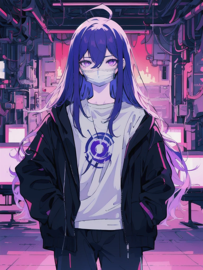 ((masterpiece)), (best quality), ((highres)), 4K, Detailed, (Ambient Light, Digital Art, Soft Lighting, extremely detailed 8K wallpaper:1.2), BREAK 1girl, solo, pale skin, violet eyes, violet hair, ahoge, (absurdly long hair:1.1), flat chest, cyberpunk scenery, black jacket, pants, shirt, night, hand in pocket, looking at viewer, hair between eyes, expressionless, rtx, neon light, black medical mask