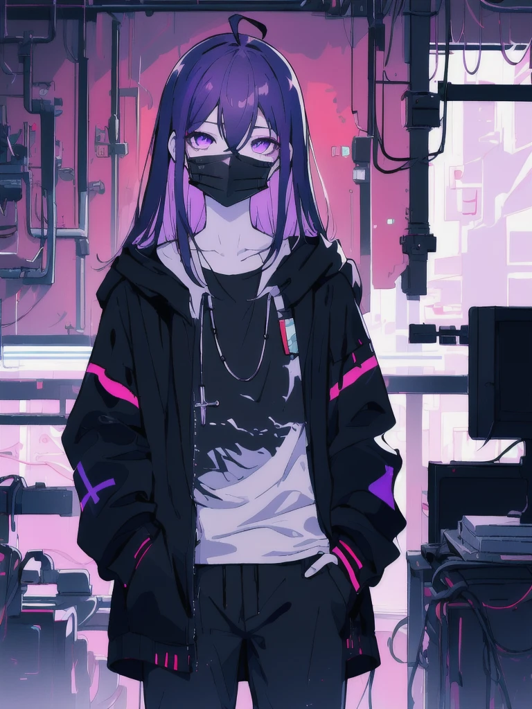 ((masterpiece)), (best quality), ((highres)), 4K, Detailed, (Ambient Light, Digital Art, Soft Lighting, extremely detailed 8K wallpaper:1.2), BREAK 1girl, solo, pale skin, violet eyes, violet hair, ahoge, (absurdly long hair:1.1), flat chest, cyberpunk scenery, black jacket, pants, shirt, night, hand in pocket, looking at viewer, hair between eyes, expressionless, rtx, neon light, black medical mask