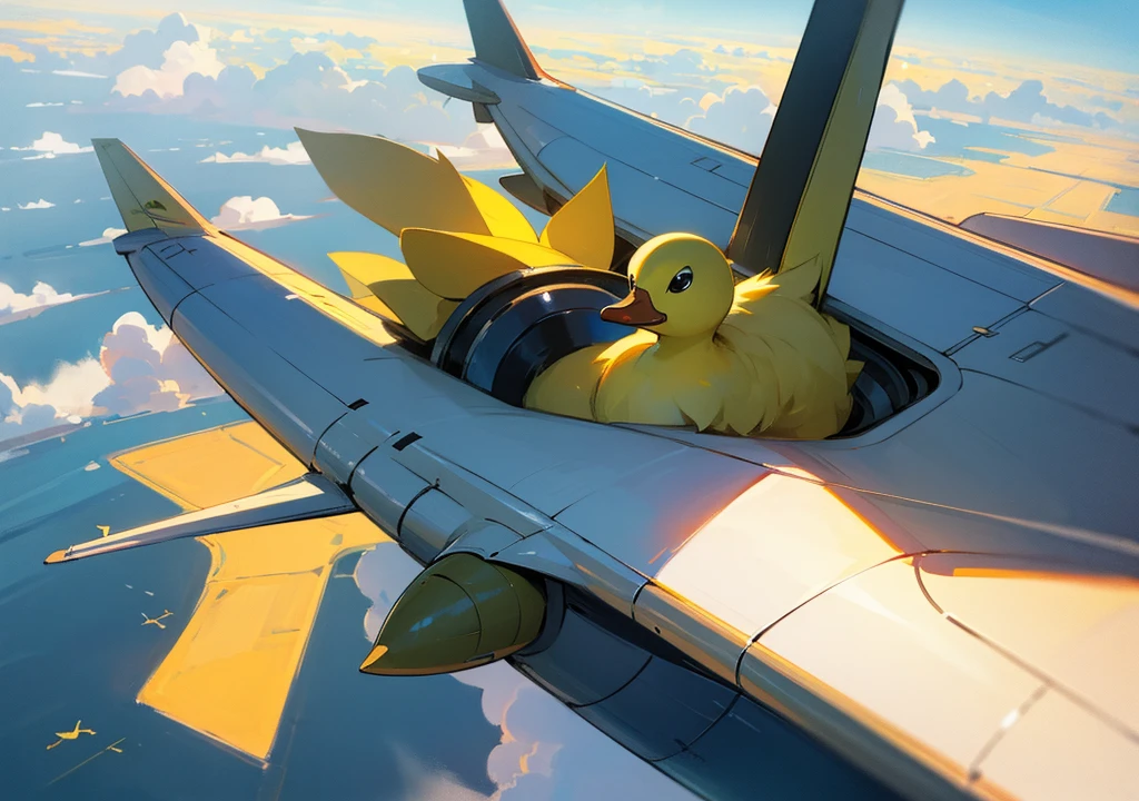 A cute duck sit in an airplane, looking out from plane window, cute soft duck with yellow beak, in the cloudy sky,