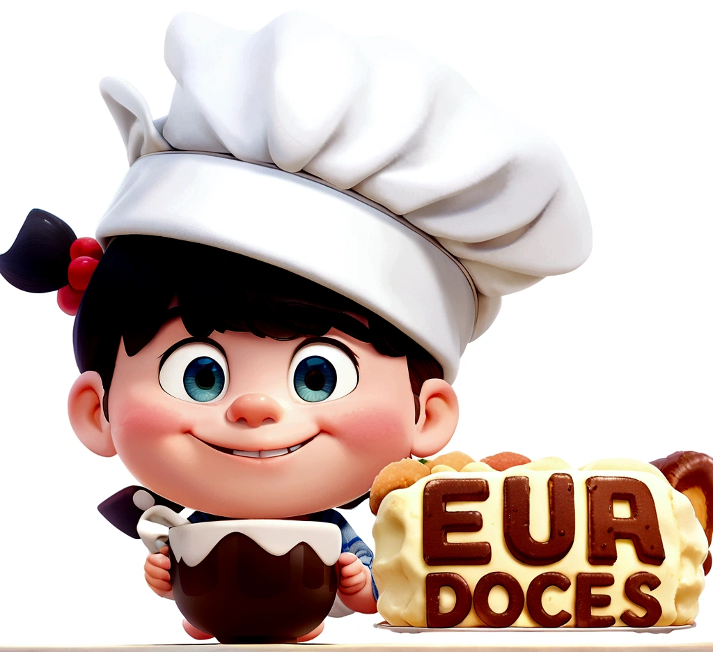 a baby cook, with loose dark hair, eyes browns, holding pan with chocolate, disney pixar style