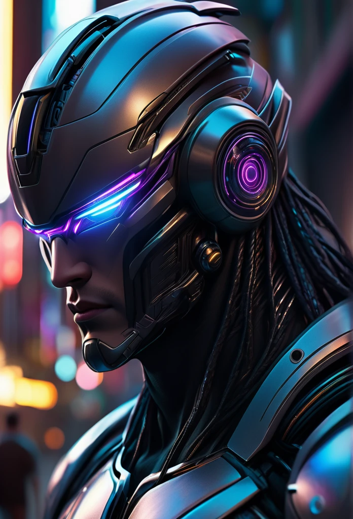 a buff muscular cyberpunk, futuristic sci-fi cosmic robot faceless helmet, masculine design, faceless, street clothes, highly detailed, cinematic lighting, photorealistic, hyper realistic, 8k,ultra detailed, intricate details,  advanced technology, sleek and elegant, half body portrait