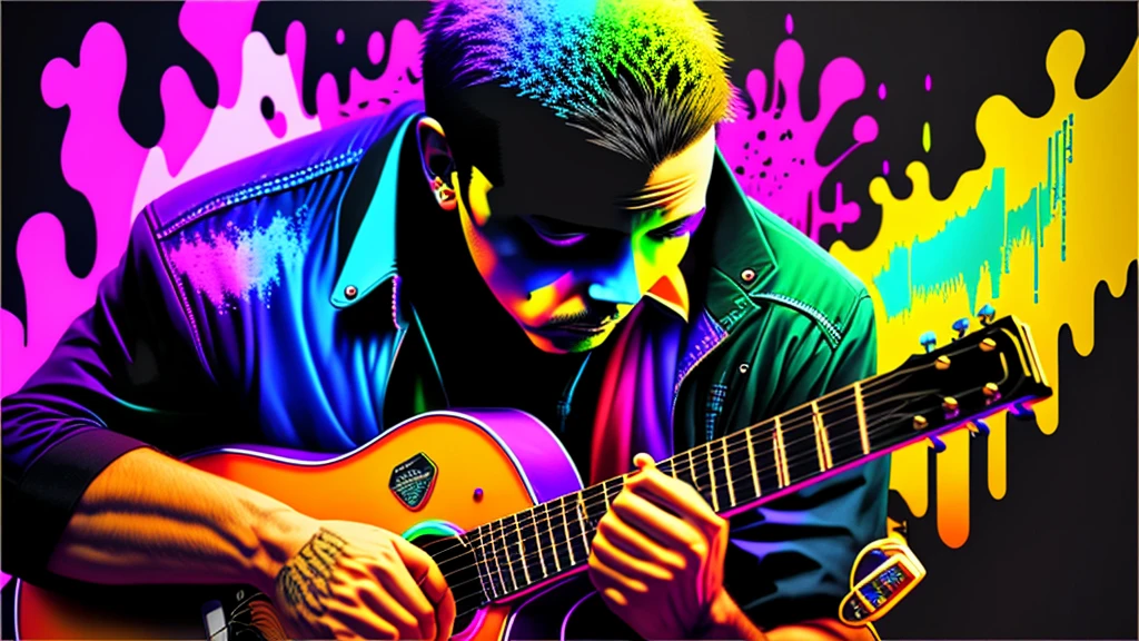 Close-up of a man playing blues guitar on a black background, Hyper Design, Colorful graffiti, Rainbow illustration, Colors bleed, computer art, Beautiful 3D rendering,