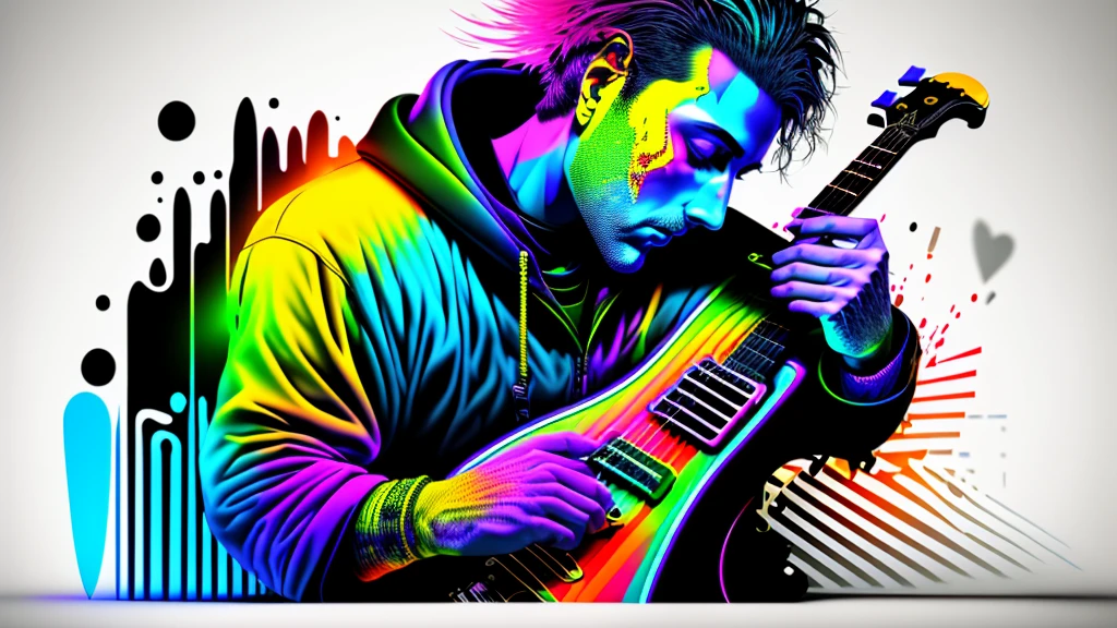 Close-up of a man playing blues guitar on a black background, Hyper Design, Colorful graffiti, Rainbow illustration,  Colors bleed,  computer art,  Beautiful 3D rendering, 