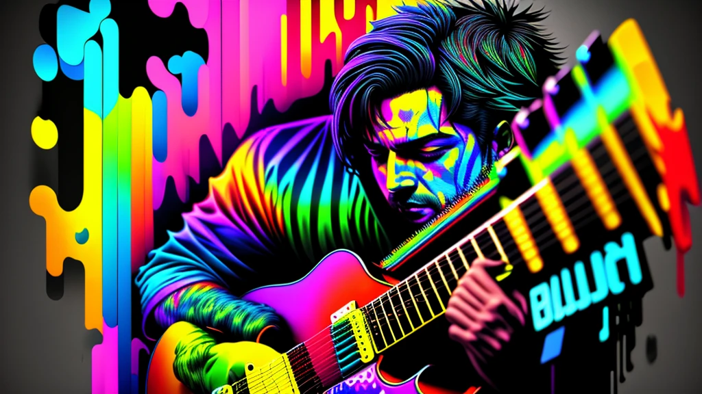 Close-up of a man playing blues guitar on a black background, Hyper Design, Colorful graffiti, Rainbow illustration, Colors bleed, computer art, Beautiful 3D rendering,