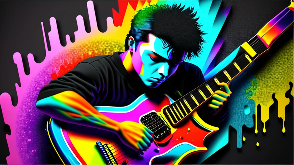 Close-up of a man playing blues guitar on a black background, Hyper Design, Colorful graffiti, Rainbow illustration,  Colors bleed,  computer art,  Beautiful 3D rendering, 