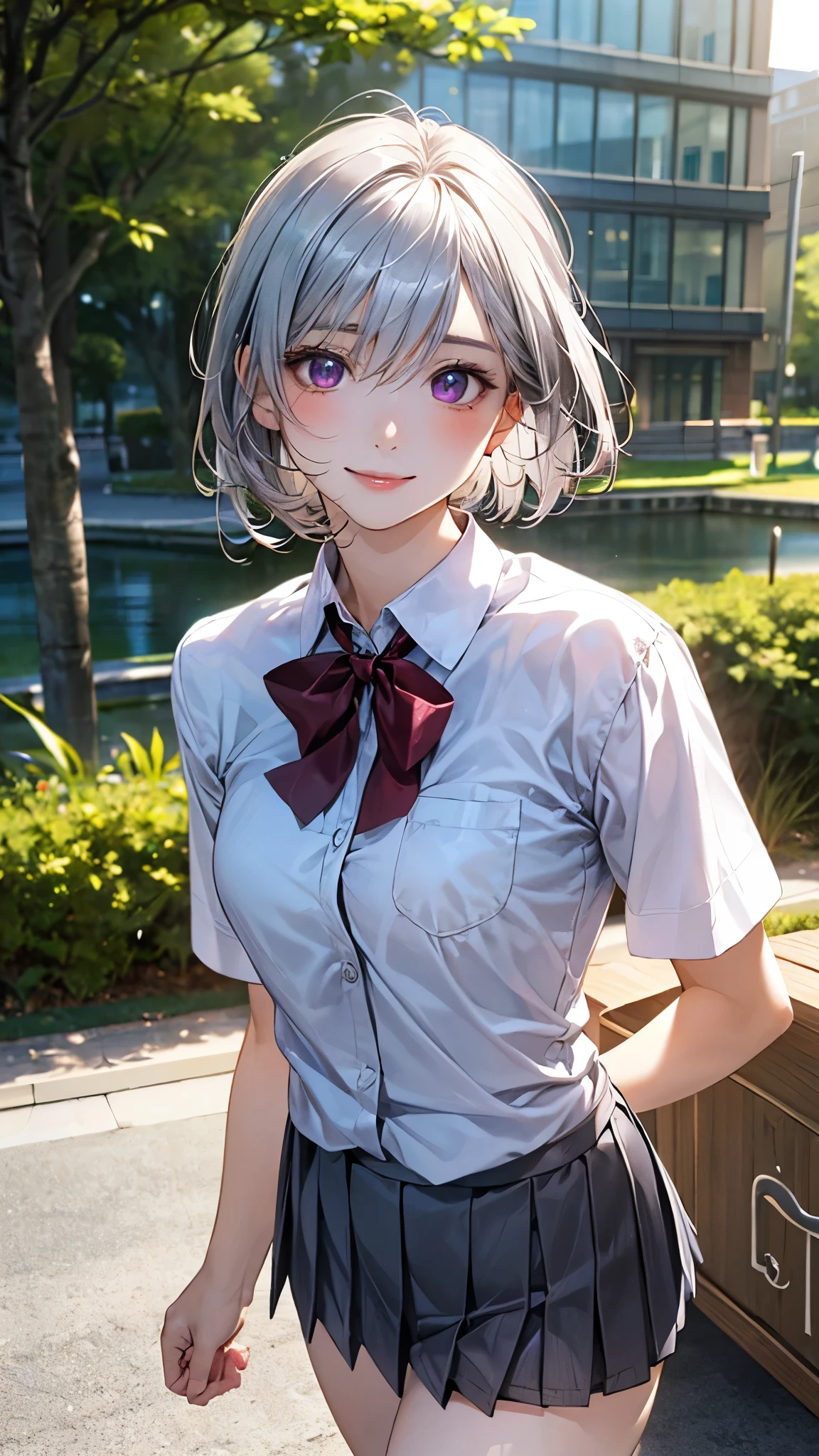 (masterpiece:1.2, top-quality), (realistic, photorealistic:1.4), beautiful illustration, (natural side lighting, movie lighting), nsfw,
looking at viewer, 1 girl, japanese, high school girl, (girl with a squirrel on her shoulder), perfect face, cute and symmetrical face, shiny skin,
(short hair:1.5, lob hair:1.2, silver hair), hair between eyes, purple eyes, long eye lasher, (medium breasts), slender, dark red hair ribbon,
beautiful hair, beautiful face, beautiful detailed eyes, beautiful clavicle, beautiful body, beautiful chest, beautiful thigh, beautiful legs, beautiful fingers,
((white collared shirts, grey box pleated mini skirt), dark red bow tie),
(beautiful scenery), evening, (riverside), walking, (lovely smile, open mouse slightly),