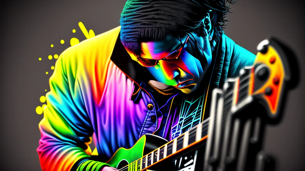Close-up of a man playing blues guitar on a black background, Hyper Design, Colorful graffiti, Rainbow illustration, Colors bleed, computer art, Beautiful 3D rendering,