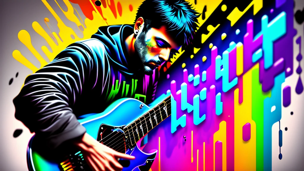 Close-up of a man playing blues guitar on a black background, Hyper Design, Colorful graffiti, Rainbow illustration, Colors bleed, computer art, Beautiful 3D rendering,