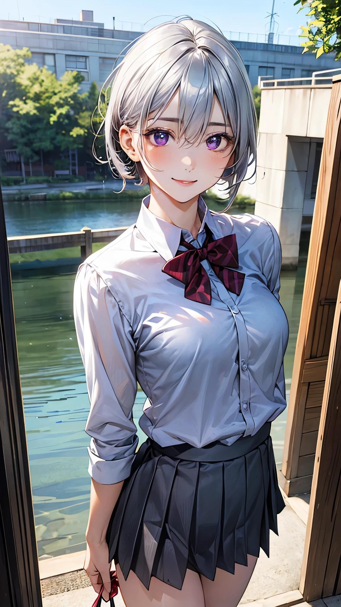 (masterpiece:1.3, top-quality, ultra high res, ultra detailed), (realistic, photorealistic:1.4), beautiful illustration, perfect lighting, natural lighting, colorful, depth of fields, surrealism,
beautiful detailed hair, beautiful detailed face, beautiful detailed eyes, beautiful clavicle, beautiful body, beautiful chest, beautiful thigh, beautiful legs, beautiful fingers, shiny skin,
looking at viewer, 1 girl, japanese, high school girl, (perfect anatomy, anatomically correct, super detailed skin), cute and symmetrical face, babyface, perfect face, perfect eyes,
(short hair, lob hair, sideburns, silver hair), swept bangs, blue eyes, big eyes, long eyelashes, (medium breasts, seductive thighs), slender, outstanding style,
((detailed cloth texture, break,break, white collared shirt, break,break, light brown knit vest, break,break, grey pleated skirt, break,break, red bow tie), break,break, white socks, black loafer),
(beautiful scenery), evening, (park:1.2), squatting, leaning forward, , (lovely smile, parted lips),