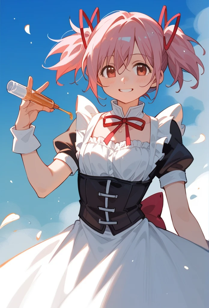 (beautiful lighting), (female focus), (standing:1.2),  madoka \(Puella Magi Madoka Magica\),1girl,short twintails, ((looking at the viewer)), (smile), {{maid}}, {pink hair}, 1girl, spiroast, {{kaname madoka}}, in a cold, Fresh air,  {artist:yoneyama_mai}, {by misaka12003, stu dts} {artist:quasarcake}, {artist:ciloranko}, {oil painting}, realistic, gradient, best quality, amazing quality, very aesthetic, absurdres, best quality, amazing quality, very aesthetic, absurdres