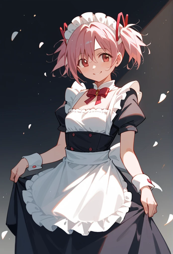 (beautiful lighting), (female focus), (standing:1.2),  madoka \(Puella Magi Madoka Magica\),1girl,short twintails, ((looking at the viewer)), (smile), {{maid}}, {pink hair}, 1girl, spiroast, {{kaname madoka}}, in a cold, Fresh air,  {artist:yoneyama_mai}, {by misaka12003, stu dts} {artist:quasarcake}, {artist:ciloranko}, {oil painting}, realistic, gradient, best quality, amazing quality, very aesthetic, absurdres, best quality, amazing quality, very aesthetic, absurdres