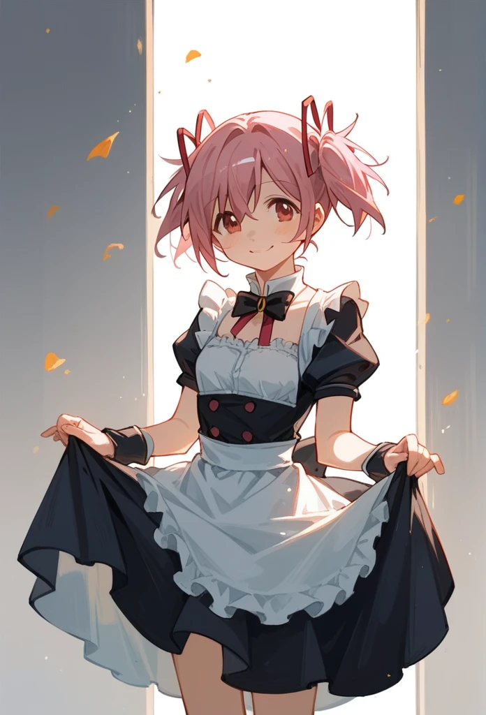 (beautiful lighting), (female focus), (standing:1.2),  madoka \(Puella Magi Madoka Magica\),1girl,short twintails, ((looking at the viewer)), (smile), {{maid}}, {pink hair}, 1girl, spiroast, {{kaname madoka}}, in a cold, Fresh air,  {artist:yoneyama_mai}, {by misaka12003, stu dts} {artist:quasarcake}, {artist:ciloranko}, {oil painting}, realistic, gradient, best quality, amazing quality, very aesthetic, absurdres, best quality, amazing quality, very aesthetic, absurdres