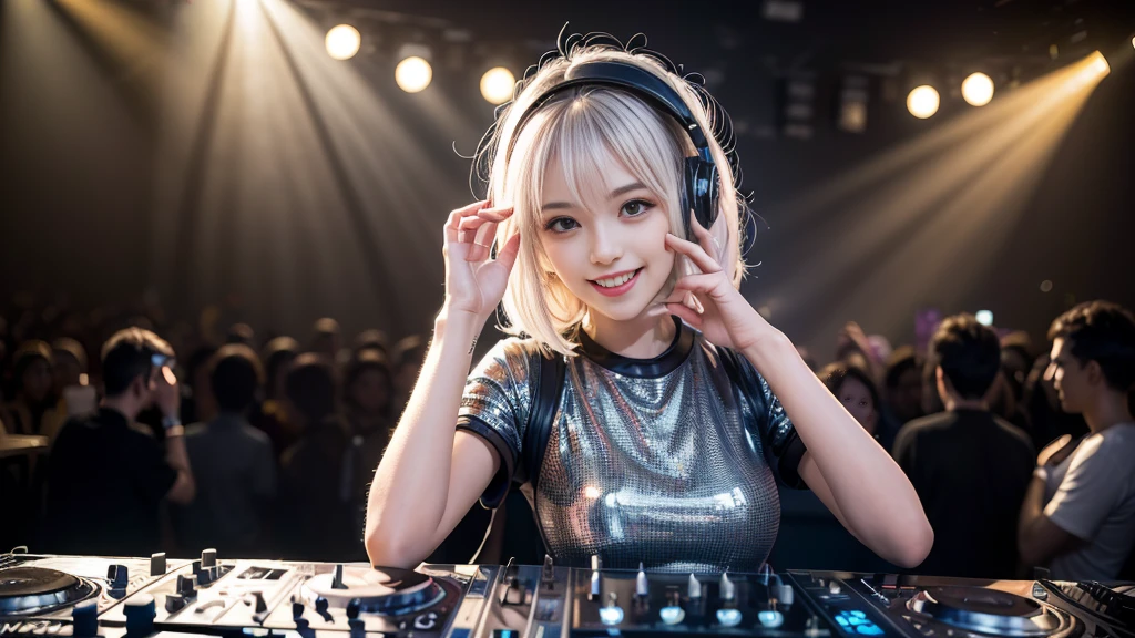 (ultra - detailed, 16K resolution, Cinema lenses, rendering by octane), (high resolution:1.18), intricate detail, (masterpiece:1.1), (highest quality:1.1), (1girl, portrait, white hair, blue eyes, short hair, detailed eyes),Wearing silver DJ headphones, Shiny silver sequined T-shirt, (Iconic hip-hop pop costumes:1.3), Smile while DJing on stage, full body shot of, The spotlight shines on the female DJ. Photorealistic photography by Disco Lighting, (cute round face:1.3), perfect fingers, five fingers, beautiful hands, perfect hands. master peace, cute smile.