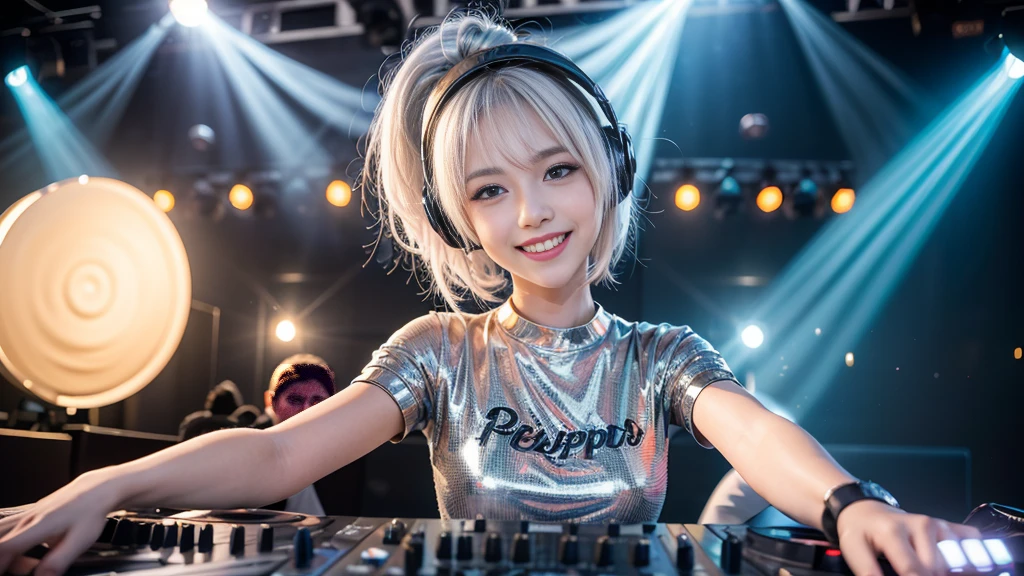 (ultra - detailed, 16K resolution, Cinema lenses, rendering by octane), (high resolution:1.18), intricate detail, (masterpiece:1.1), (highest quality:1.1), (1girl, portrait, white hair, blue eyes, short hair, detailed eyes),Wearing silver DJ headphones, Shiny silver sequined T-shirt, (Iconic hip-hop pop costumes:1.3), Smile while DJing on stage, full body shot of, The spotlight shines on the female DJ. Photorealistic photography by Disco Lighting, (cute round face:1.3), perfect fingers, five fingers, beautiful hands, perfect hands. master peace, cute smile.