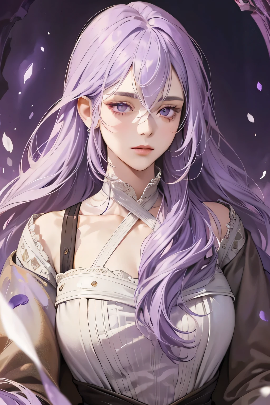 (Best quality),1 girl, female, old women, cool, elegant(((long lilac hair))), purple eyes, perfect eyes, lilac hair, medieval fantasy style, richly textured background, soft lighting, portrait style, painting style, deep colors, half body, look at camera view, perpect, look at view