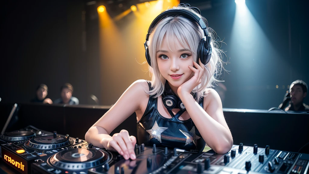 (ultra - detailed, 16K resolution, Cinema lenses, rendering by octane), (high resolution:1.18), intricate detail, (masterpiece:1.1), (highest quality:1.1), (1girl, portrait, white hair, blue eyes, short hair, detailed eyes),Wearing silver DJ headphones, Shiny silver sequined T-shirt, (Iconic hip-hop pop costumes:1.3), Smile while DJing on stage, full body shot of, The spotlight shines on the female DJ. Photorealistic photography by Disco Lighting, (cute round face:1.3), perfect fingers, five fingers, beautiful hands, perfect hands. master peace, cute smile.