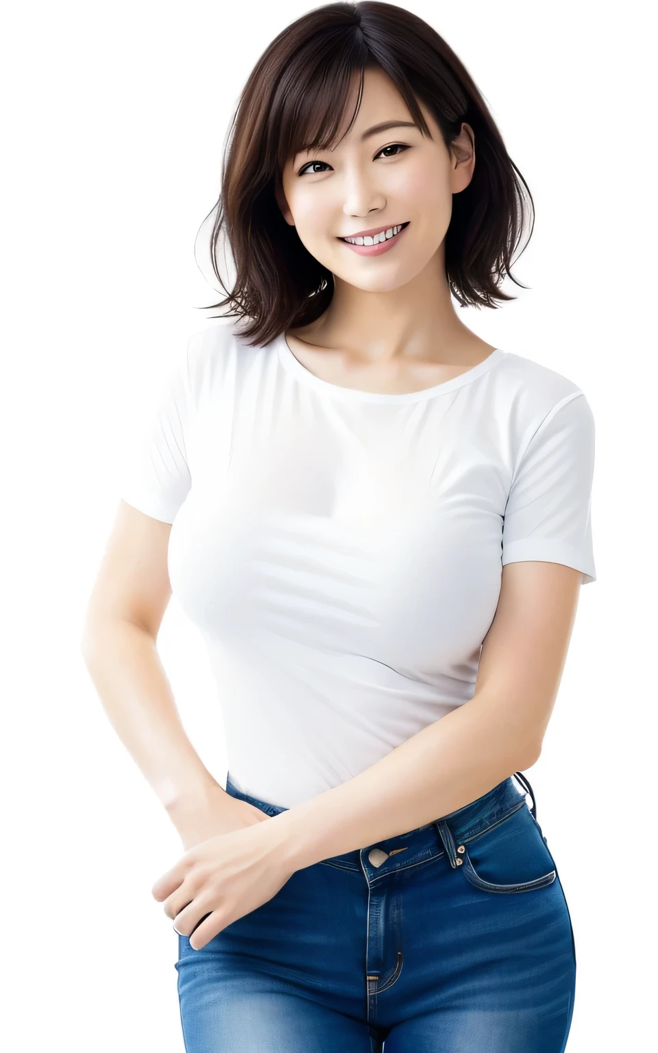 masterpiece,Highest quality,upper,(woman:1),Underarm,sexly,Mature woman,Emphasized,((Huge:1.4)))Obscene,erotic, Provocative expression、Japanese、((Plain white background))、smile、Bright smile、Large Breasts、E cup breasts、BIG ASS、lingerie、T-Shirts、Short jeans