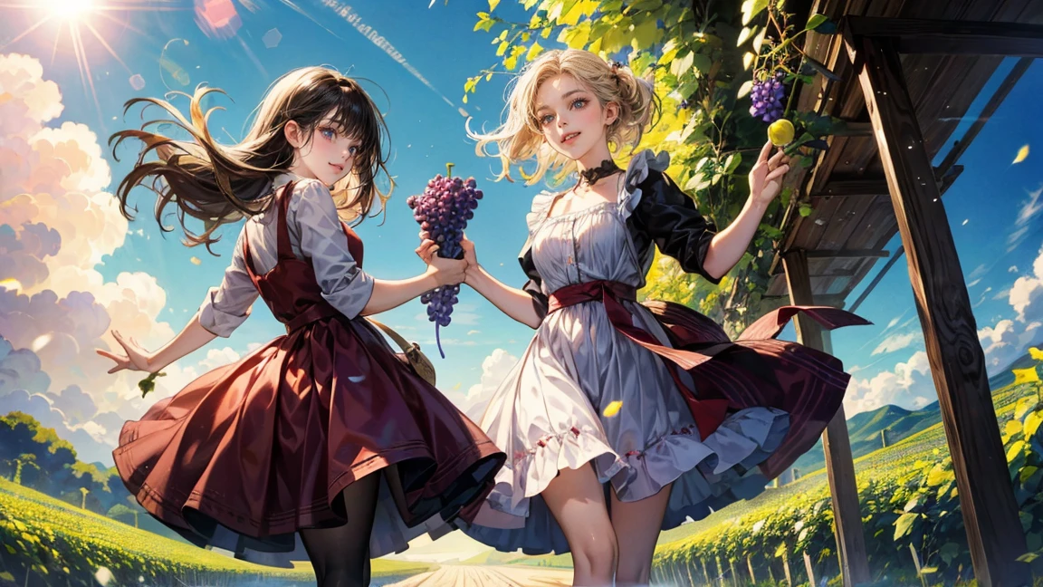 Two women joyfully stomping grapes under a clear blue sky as part of traditional winemaking. They are dressed in red dresses with white aprons, standing in a large wooden vat filled with grapes. The abundance of fruit around them adds to the scene's vibrancy, and their smiles reflect the fun of the moment. In the background, a sunny sky and the French countryside are visible.