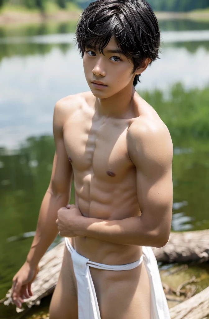 -yeld boUpper body naked, White loincloth ,Smooth Skin,lake, Black Hair, Thin、Beautiful Boy、Japanese、Dark Eyes