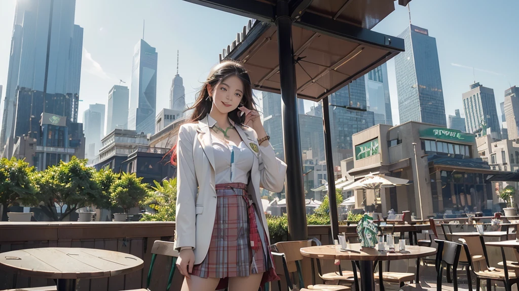 8K、RAW Photos、Highest quality、Super detailed、Super Resolution、Ultra HD、8K壁紙、Amazing details blazer uniform girl ((White blouse with formal collar, Blue Blazer, 
Red Check Skirt, Red checkered ribbon on blouse)), Complete limbs, Full Finger, 
((((((Starbucks outdoor cafe among skyscrapers))))))、(( female student))、( cake、Have a coffee、smile)))))、(((Heart Necklace、Gold bracelet)))
(((Emphasize cleavage)))
(((((Ferrari 488)))))
((((Full body photo、The whole body is visible、Full body portrait))))
