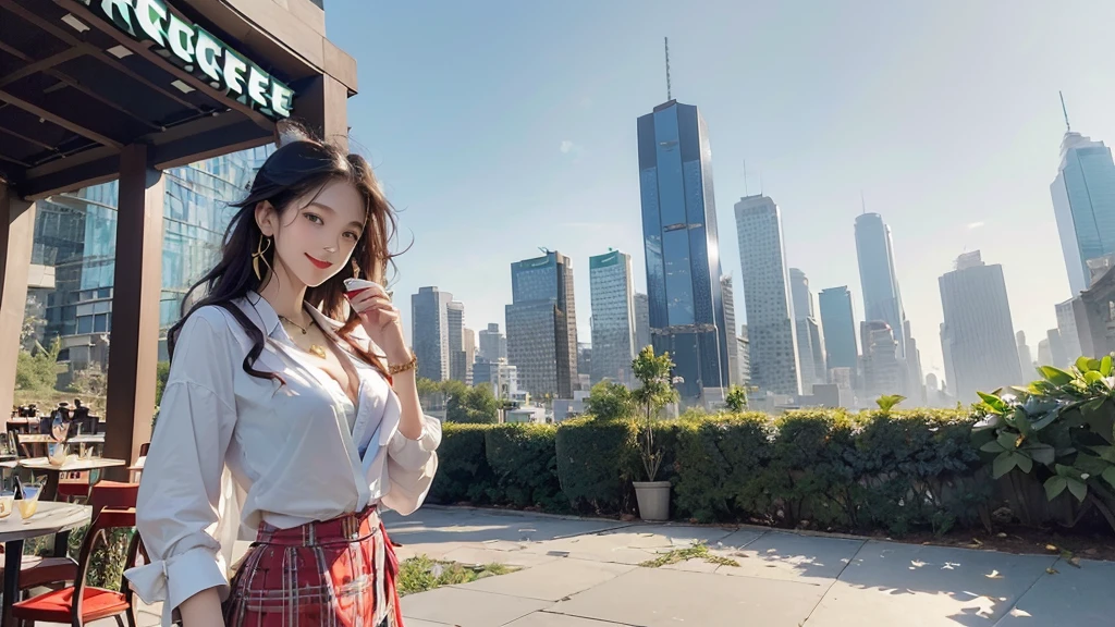 8K、RAW Photos、Highest quality、Super detailed、Super Resolution、Ultra HD、8K壁紙、Amazing details blazer uniform girl ((White blouse with formal collar, Blue Blazer, 
Red Check Skirt, Red checkered ribbon on blouse)), Complete limbs, Full Finger, 
((((((Starbucks outdoor cafe among skyscrapers))))))、((16 year old female student))、(((((Eat cake、Have a coffee、smile)))))、(((Heart Necklace、Gold bracelet)))
(((Emphasize cleavage)))
(((((Ferrari 488)))))
((((Full body photo、The whole body is visible、Full body portrait))))
