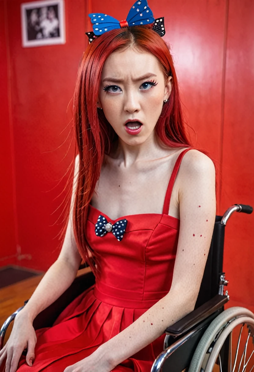 Uhd, photo of Cami, subject: Noriko, 1/2 Japanese 1/2 Hainu skinny girl in a 2/0 large wheelchair with long red hair, blue+++ eyes, oval face, LGBTQIA+, queer, punk style, wearing 1/3 long red dress, buttefly hairclip, tattooes.  She is very angry and looks towards the camera.. She is shouting. Background: red room.