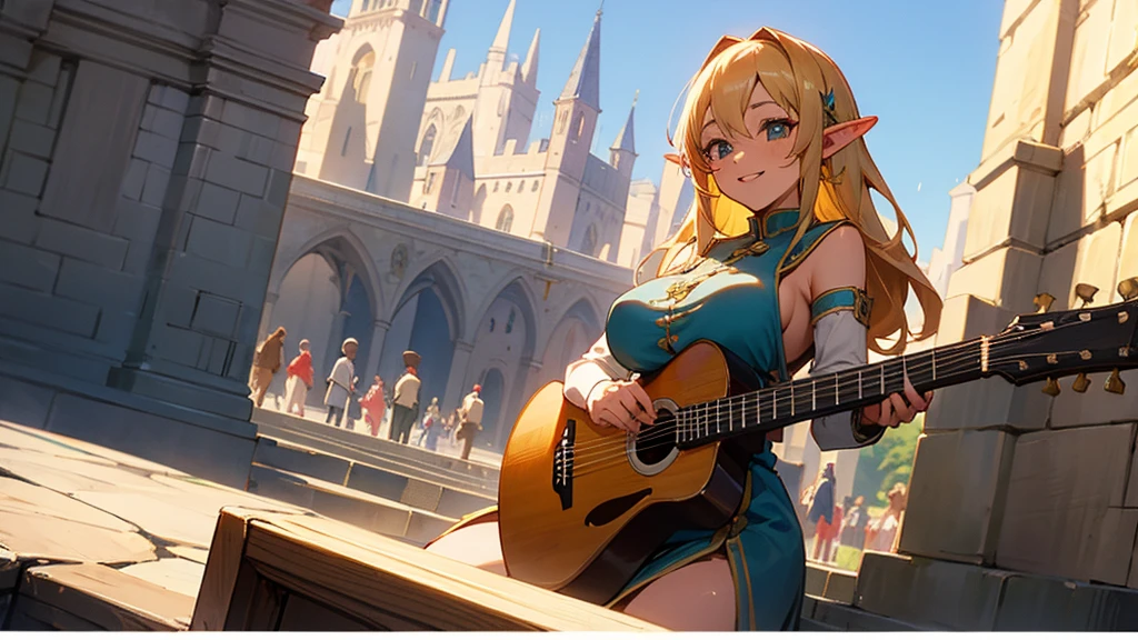 Anime Style,Nostalgic,Detailed background,The medieval world,A bustling square with many people,Smiling bard beautiful elf girl,guitar,Large Breasts,Underarm