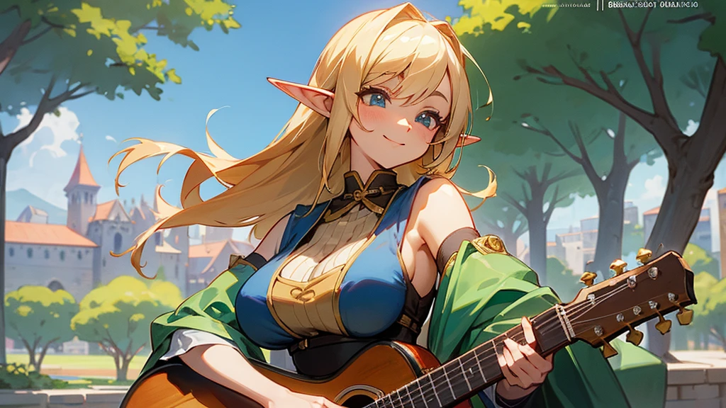 Anime Style,Nostalgic,Detailed background,The medieval world,A bustling square with many people,Smiling bard beautiful elf girl,guitar,Large Breasts,Underarm