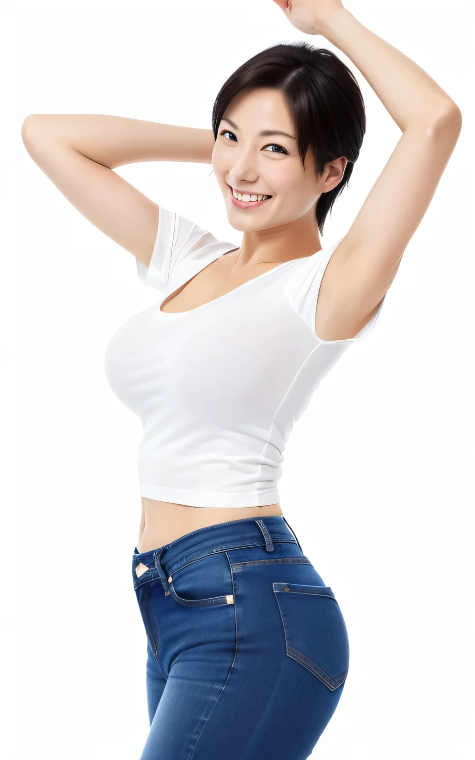 masterpiece,Highest quality,upper,(woman:1),Underarm,sexly,Mature woman,Emphasized,((Huge:1.4)))Obscene,erotic, Provocative expression、Japanese、((Plain white background))、smile、Bright smile、Large Breasts、E cup breasts、BIG ASS、lingerie、T-Shirts、Short jeans