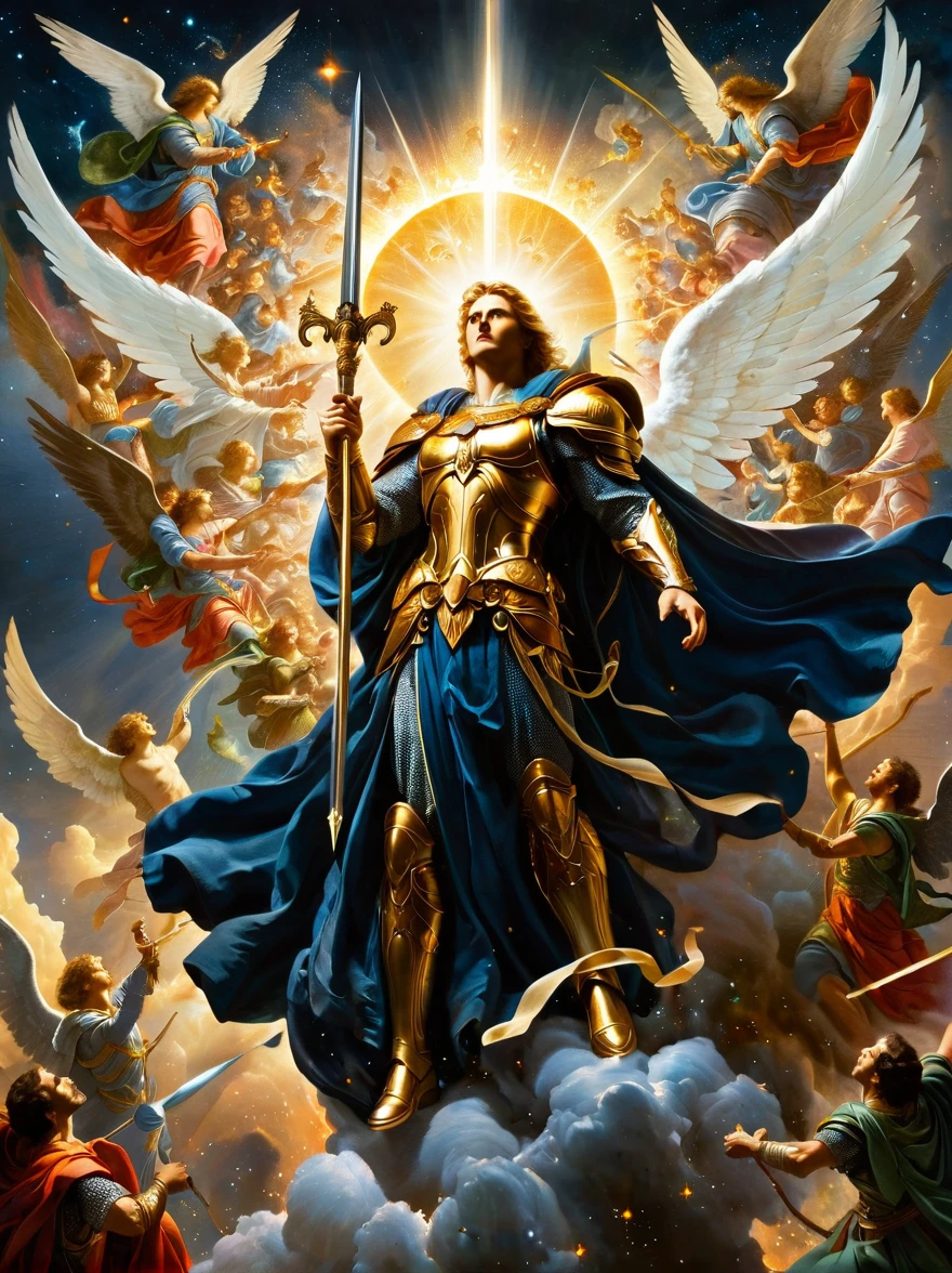 Illustrate a celestial scene showcasing an archangel with a gleaming sword descending from the heavens towards the earth. The archangel, an embodiment of purity and justice, is adorned in a radiant array of ethereal robes. Below him, a figure akin to mythological personifications of evil, appearing as a charismatic man surrounded by an array of menacing figures, stands defiantly. He is sharp-featured, captivating, and is clad in a dark suit symbolising his role as a malevolent leader. Behind him, his army, a horde of impenetrable shadows, makes their ominous presence known.