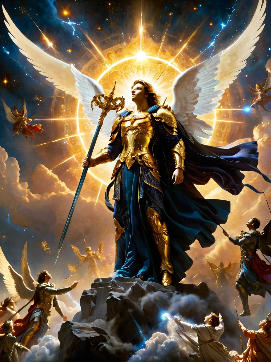 Illustrate a celestial scene showcasing an archangel with a gleaming sword descending from the heavens towards the earth. The archangel, an embodiment of purity and justice, is adorned in a radiant array of ethereal robes. Below him, a figure akin to mythological personifications of evil, appearing as a charismatic man surrounded by an array of menacing figures, stands defiantly. He is sharp-featured, captivating, and is clad in a dark suit symbolising his role as a malevolent leader. Behind him, his army, a horde of impenetrable shadows, makes their ominous presence known.