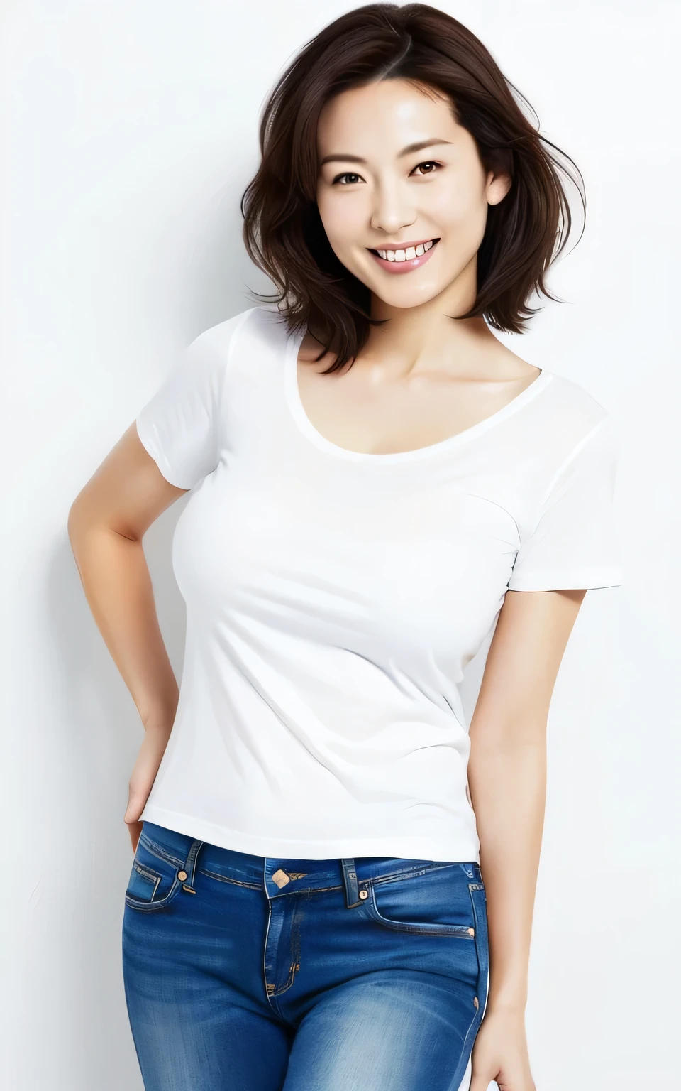masterpiece,Highest quality,upper,(woman:1),Underarm,sexly,Mature woman,Emphasized,((Huge:1.4)))Obscene,erotic, Provocative expression、Japanese、((Plain white background))、smile、Bright smile、Large Breasts、E cup breasts、BIG ASS、lingerie、T-Shirts、Short jeans