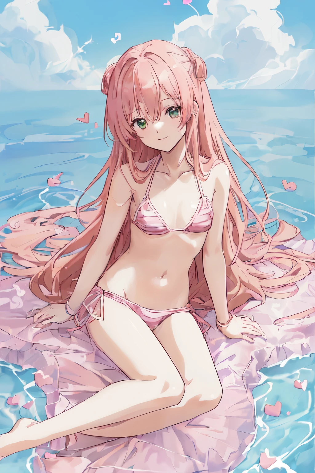 1_girl, (anime, kawai:2), (masterpeice, best_quality, clean:1.5), (sky_background:1.2), (cute, cute_smile, young:1.5), (delicate, beautiful, thin:1.5), (girlfriend, angel:1.8), (green_eyes, simple_eyes:1.5) (long_hair, blond_hair, wearing_pink_dress, pink_angel_wings, sexy_gloves:1.5), extremely_delicate, (love_magic:1.5), (age_size_fits_body), (small_thighs:1.3), (breasts), (eye_level:1.3), (heart_magic, love:1.5), (bikini:1.5), (folded_legs:1.5)