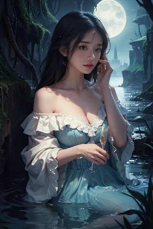 (Masterpiece, best quality:1.2), 1 girl, alone, ((Clothes off the shoulder)), In the depths of wonderland，Moonlight falls like water，mist room，The heroine&#39;s figure was not clearly visible.，Just like the angel in the painting.，sexy legs，Very beautiful legs，Leaky sexy legs，big breasts，美丽而又带着一丝mystifying的色彩。Her face was beautiful and delicate.，like intricately carved jade，Revealing beauty that is otherworldly。Eyebrows are beautiful，The waves in my eyes are like stars twinkling，It shows the light of perseverance and wisdom.。The bridge of the nose is straight.，Lip color like cherry，The corners of his mouth lifted slightly, revealing confidence and calmness.。Her face was clear.，The skin is as fair as jade.，Reveals a healthy glow，Like an angel, She had never eaten fireworks in this world.。Her makeup was light and delicate.，There isn&#39;t too much embellishment.，But when able to show emotion and charm。Light-colored foundation helps reveal the transparency of the skin.，A lightweight eyebrow pencil helps create her perfect brow shape.，Eye makeup is eyeshadow and eyeliner.，It made her eyes brighter and more energetic.。嘴唇涂上grace的口红，Add a little charm and sophistication。她的衣服grace别致，Light, see-through, white clothes fluttered.，It seemed to be blown away by the wind every time.，drifting into the distance。既不失grace，Also shows off her special skills.。Rocking with your movements。Her hair was casually pulled back.，Stay safe with hosta，Some strands of hair blow in the wind.，Add a little softness。Her body appeared in the heavenly realm.，宛如一道big breasts美丽的风景线，Attract everyone&#39;Interest。She looks like an angel in a wonderland.，big breasts美丽、grace、mystifying、and full of energy。