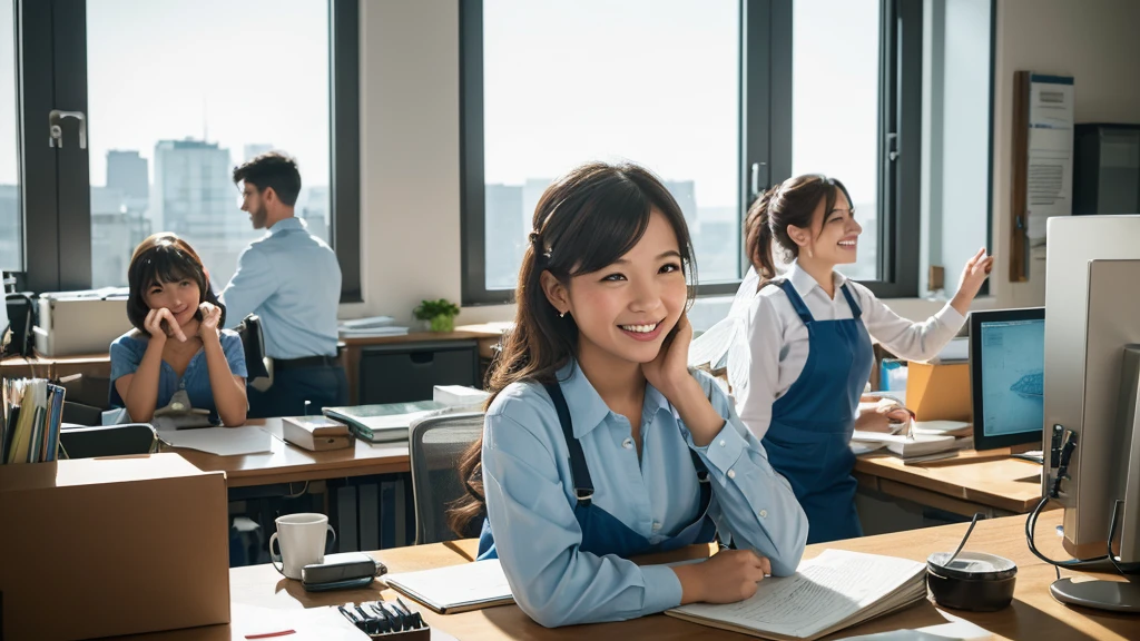 A cheerful little fairy flies above the heads of office workers, holding up documents in her hands. The workers look up from their computers and smile. The office is bright and airy, and the windows offer a view of the city outside. The fairy's documents contain new ideas and presentations that will motivate the workers. The workers' desks are cluttered with coffee cups and papers. Overall, the image conveys a lively scene in a bustling office.

Keywords: office, fairy, documents, smile, cheerful, lively

Additional notes:
* The fairy's wings should sparkle.
* The workers should be of different genders and ethnicities.
* The office should be modern and well-lit.