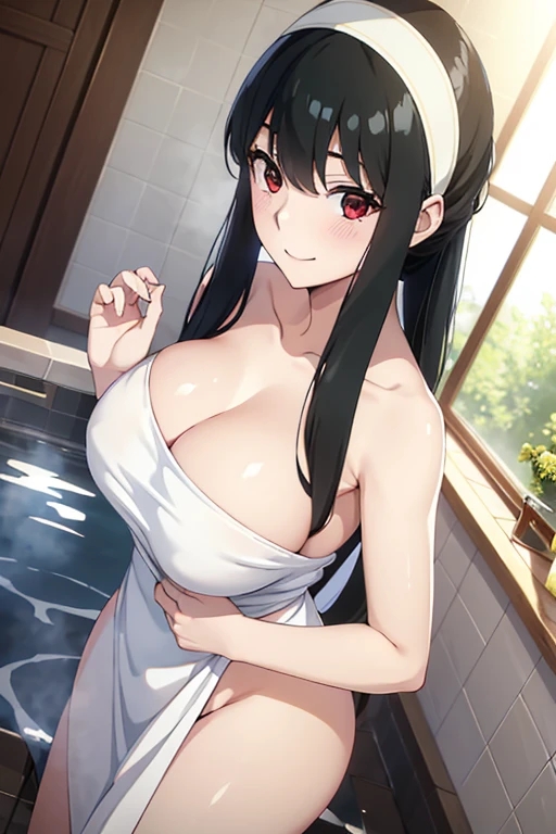((Highest quality、Best image quality、Ultra-high resolution、Ultra-high resolutionで描画、alone、Bright red eyes、Very beautiful adult woman、非常に精細なBeautiful Face、very fine and beautiful eyes、Innocence、Beautiful gesture、シンメトリーのBeautiful Face))、1 Girl、Realistic、Written boundary depth、Natural soft light、Daytime、charm、Beautiful Face、Cleanliness、Pure Face、Shiny skin、Black Hair、Light of the sun、Ezvian Everywhere、((Golden RatioのBeautiful Face、Golden Ratio、Expose your hips、Expose your shoulders))、Long neck、Neat long hair with bangs、Perfect Fingers、Perfect hands、Perfect body、Perfect Face、Shine a light into your eyes、Perfect Anatomy、Tall Supermodels、Long-legged supermodel、Long neck、Broad shoulders、stand、Smile at the audience、Laughter、smile、Beautiful neckline、Keep an eye on your audience、Shadow Fade、Tilt your head、White hair band、Black Hair、Open-air bath background、steam、sauna、bathtub、Wrapped in a bath towel、White bath towel、steam background、Girl soaking in the bathtub、A little bit is just、Buttを向けている、Backwards、Buttを突き出している、Buttをカメラに向ける、Butt、Buttがbathtubに浮いている、back、Turn around、Scapula、View from behind、Accentuate your hips