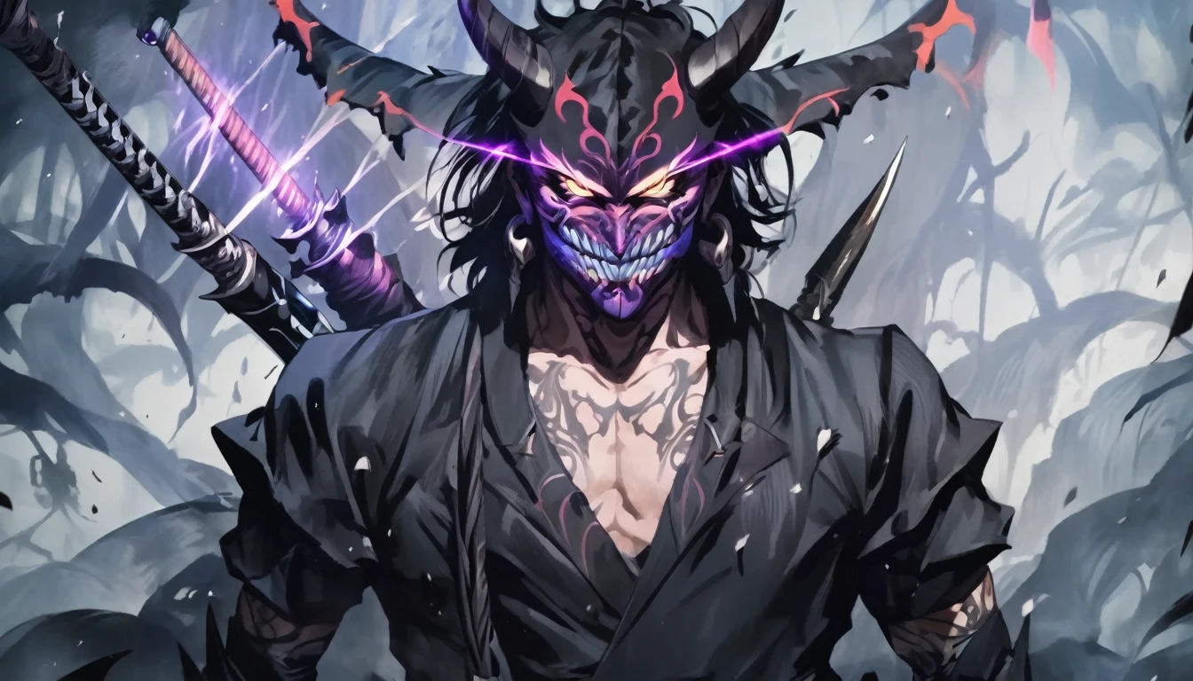 demon mask, sword on the back,close up, black heavy detailed clothes, hand katana, art, dark and malevolent, hand sword, armor, powerful and intimidating, (masterpiece, best quality, ultra-detailed, best shadow), (detailed background, dark fantasy) dramatic light, intricate details, dark and malevolent, powerful and intimidating, Dark and foreboding, malevolent force, sinister and chilling, armor, high detailed background, girl in demon slayer art, demon slayer art style, epic anime art, God death