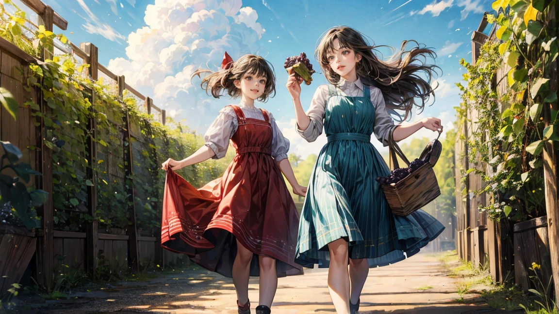 Two women joyfully stomping grapes under a clear blue sky as part of traditional winemaking. They are dressed in red dresses with white aprons, standing in a large wooden vat filled with grapes. The abundance of fruit around them adds to the scene's vibrancy, and their smiles reflect the fun of the moment. In the background, a sunny sky and the French countryside are visible.