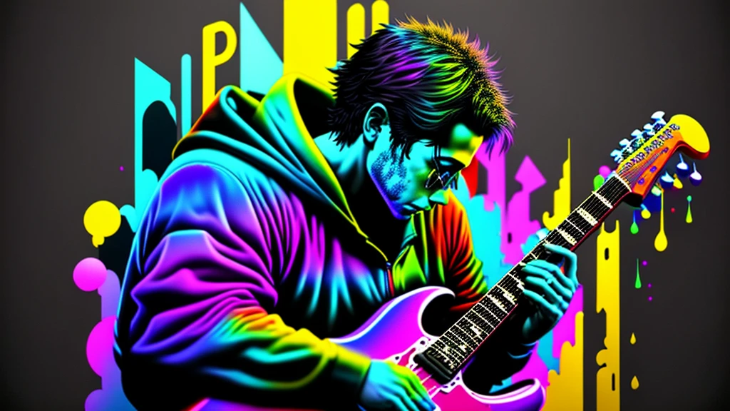 Close-up of a man playing blues guitar on a black background, Colorful graffiti, Rainbow illustration, Colors bleed, computer art, Beautiful 3D rendering,