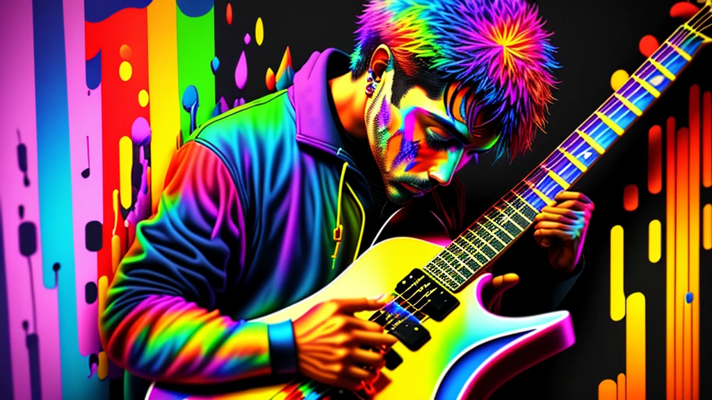 Close-up of a man playing blues guitar on a black background, Colorful graffiti, Rainbow illustration, Colors bleed, computer art, Beautiful 3D rendering,